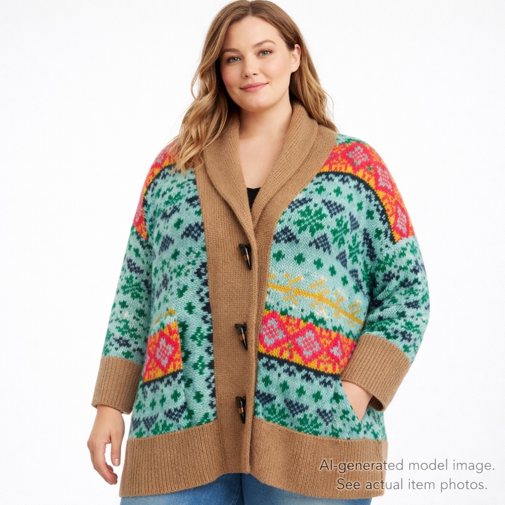 304. Anthropologie A+ Fair Isle Shawl Collar Cardigan Sweater 1X